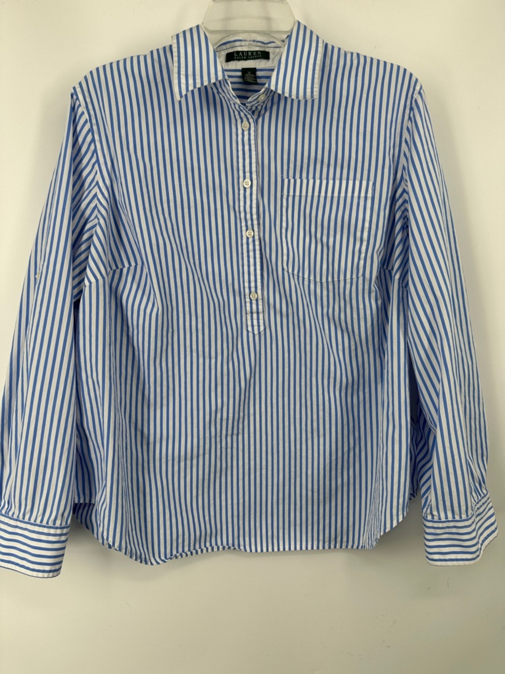 Crisp Cotton Lauren Ralph Lauren Blue and White Striped Henley Shirt